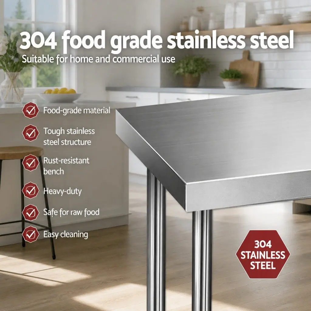 Stainless Steel Kitchen Bench 1829x610mm Heavy Duty Work Table with Adjustable Under-Shelving