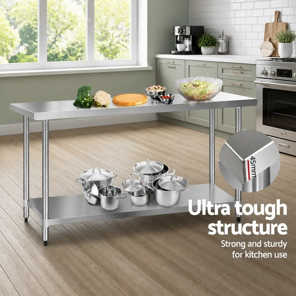 Stainless Steel Kitchen Bench 1829x610mm Heavy Duty Work Table with Adjustable Under-Shelving