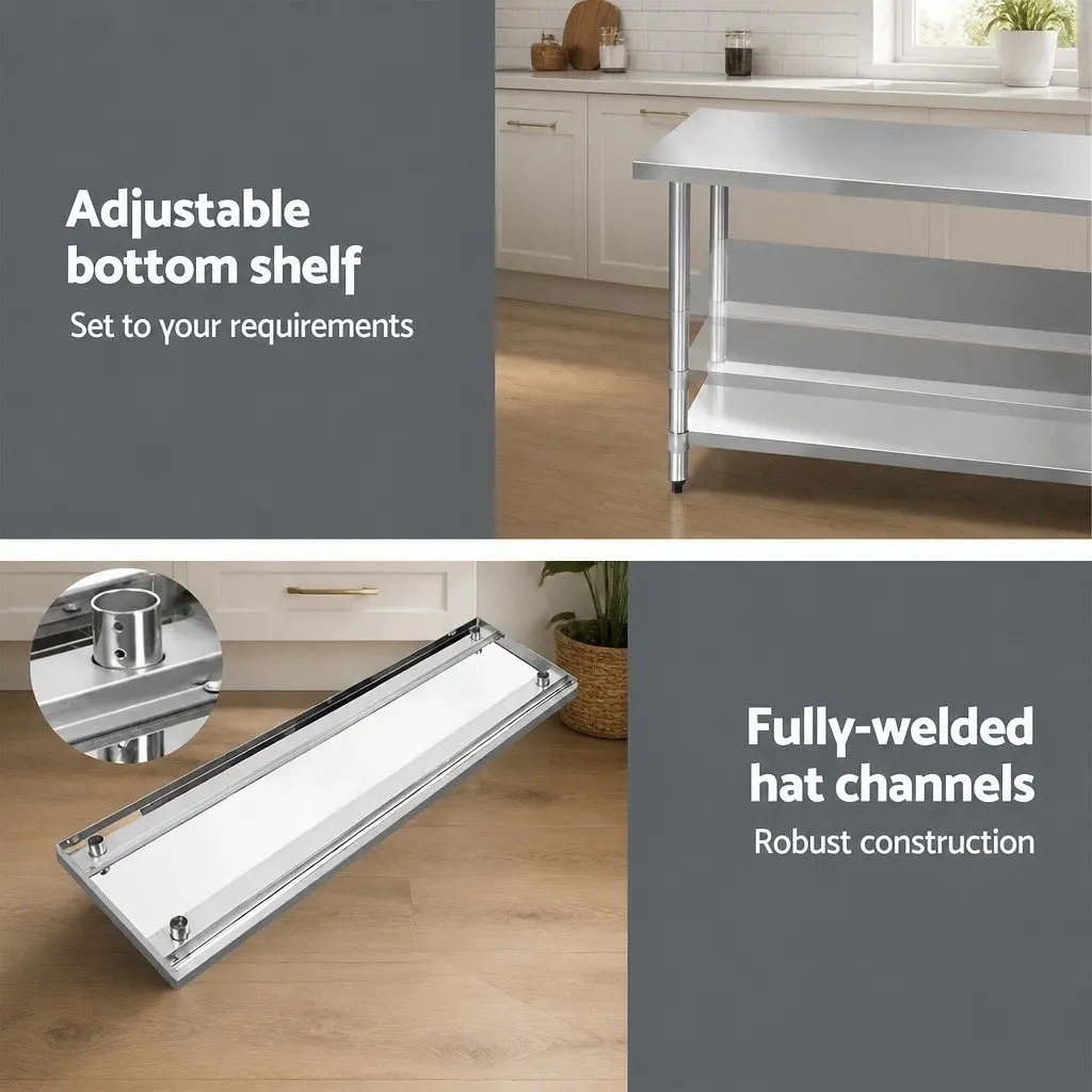 Stainless Steel Kitchen Bench 1829x610mm Heavy Duty Work Table with Adjustable Under-Shelving