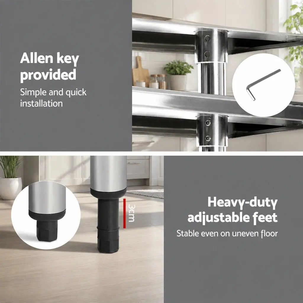 Stainless Steel Kitchen Bench 1829x610mm Heavy Duty Work Table with Adjustable Under-Shelving