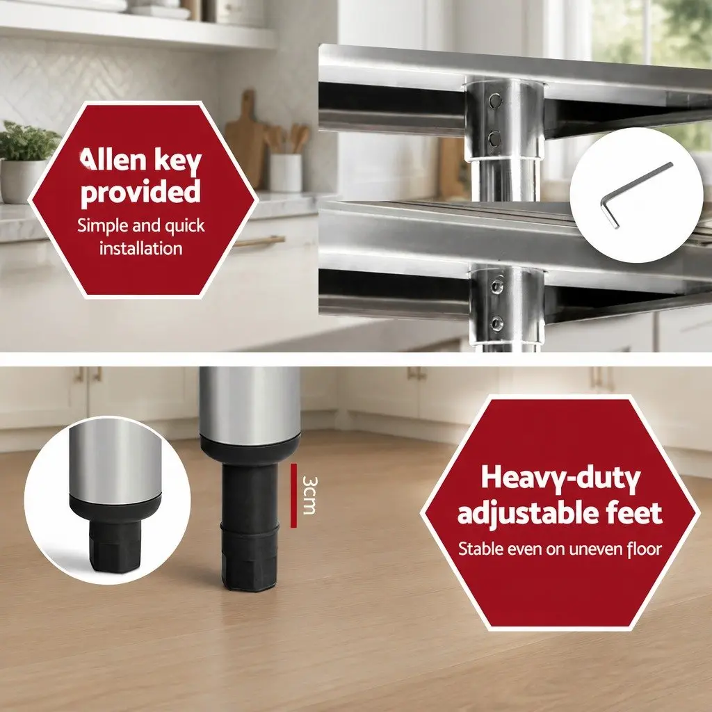 Stainless Steel Kitchen Bench 1829x610mm Heavy Duty Work Table with Adjustable Under-Shelving