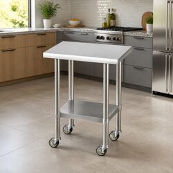 Stainless Steel Kitchen Work Bench with Wheels Adjustable Shelf 61x46cm