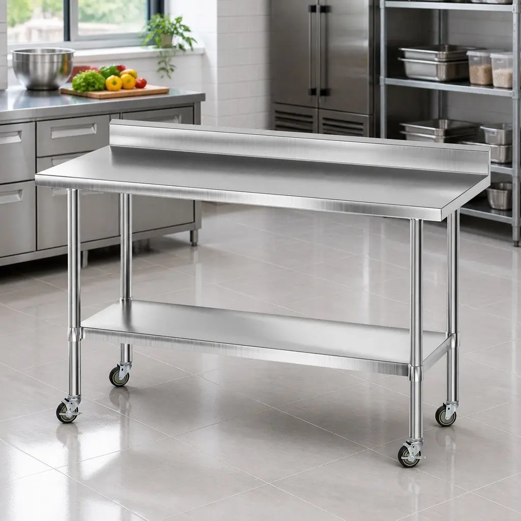 Stainless Steel Kitchen Work Bench 1500x600mm Splashback Adjustable Undershelf Heavy Duty Construction