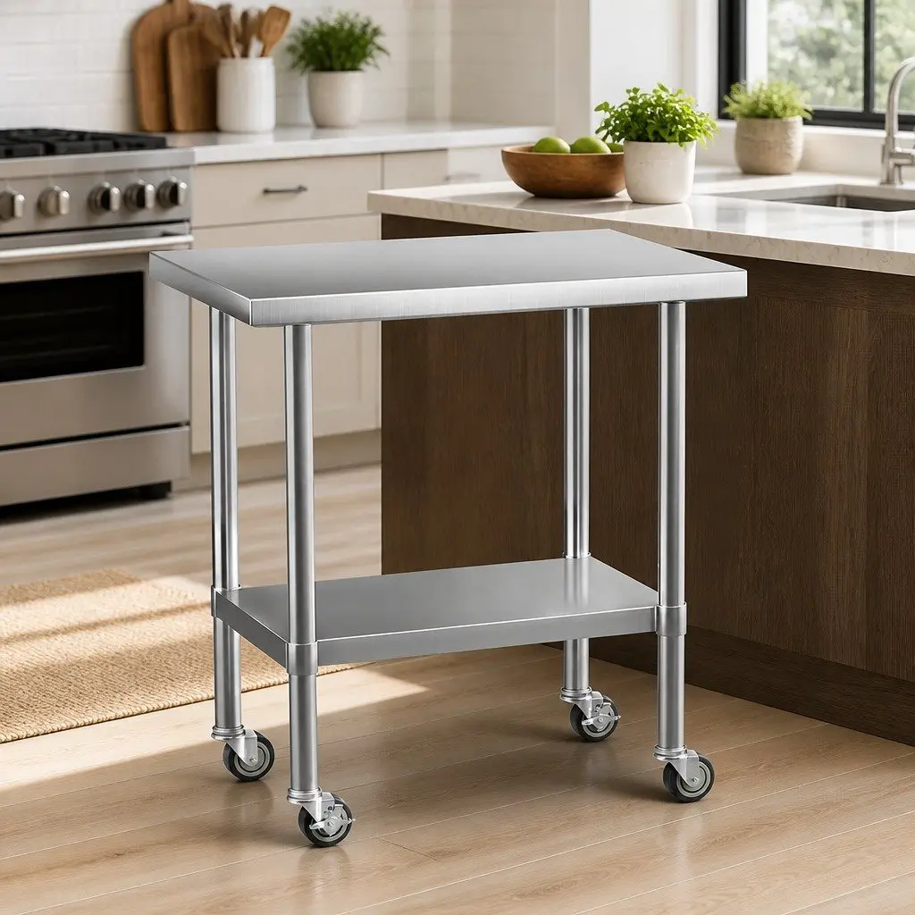 Stainless Steel Kitchen Work Bench 91x61cm Adjustable Shelf on Wheels