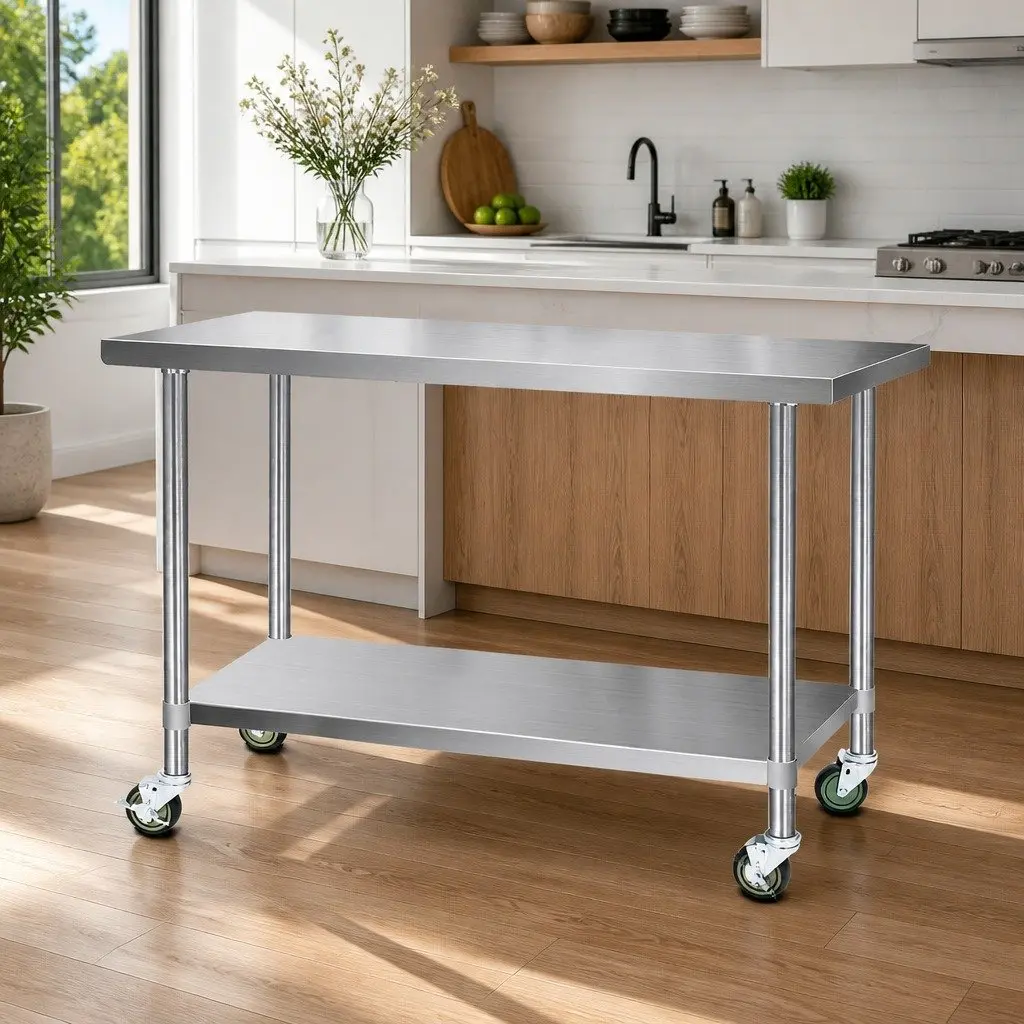 Stainless Steel Kitchen Bench 1524mm Mobile Work Table with Adjustable Shelf and Lockable Wheels