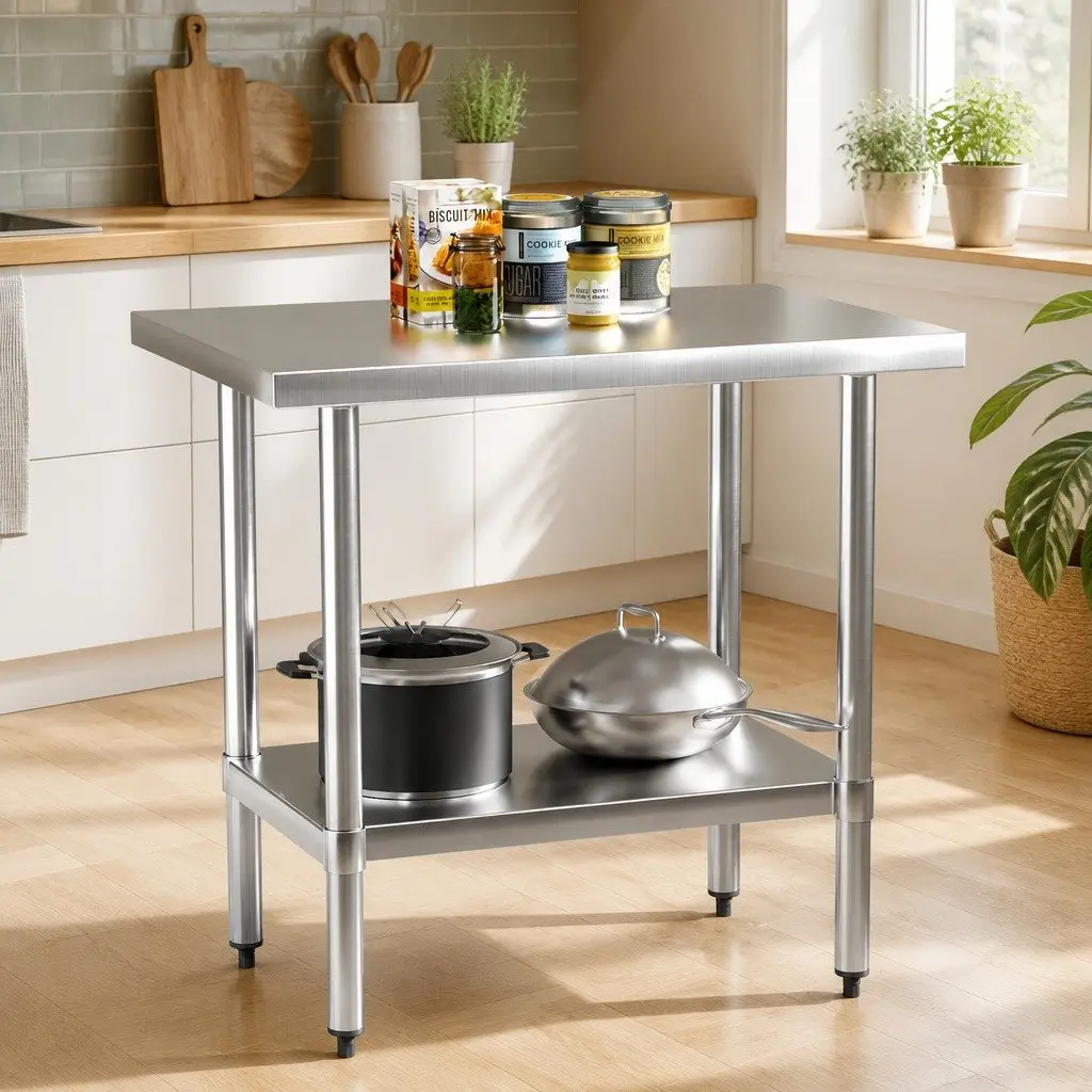 Stainless Steel Work Bench 910x610mm Adjustable Under-Shelf Silver