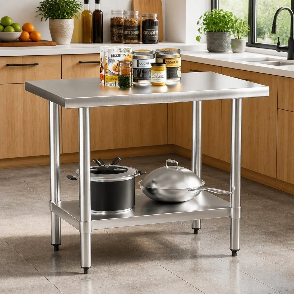 Stainless Steel Work Bench 910x610mm Adjustable Under-Shelf Silver