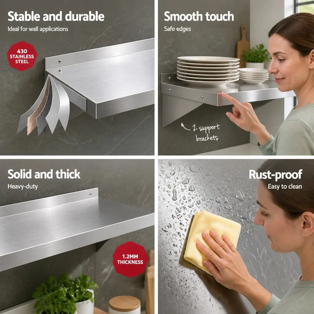 Stainless Steel Kitchen Wall Shelf 1200mm Heavy-Duty Storage Rack Rust Resistant