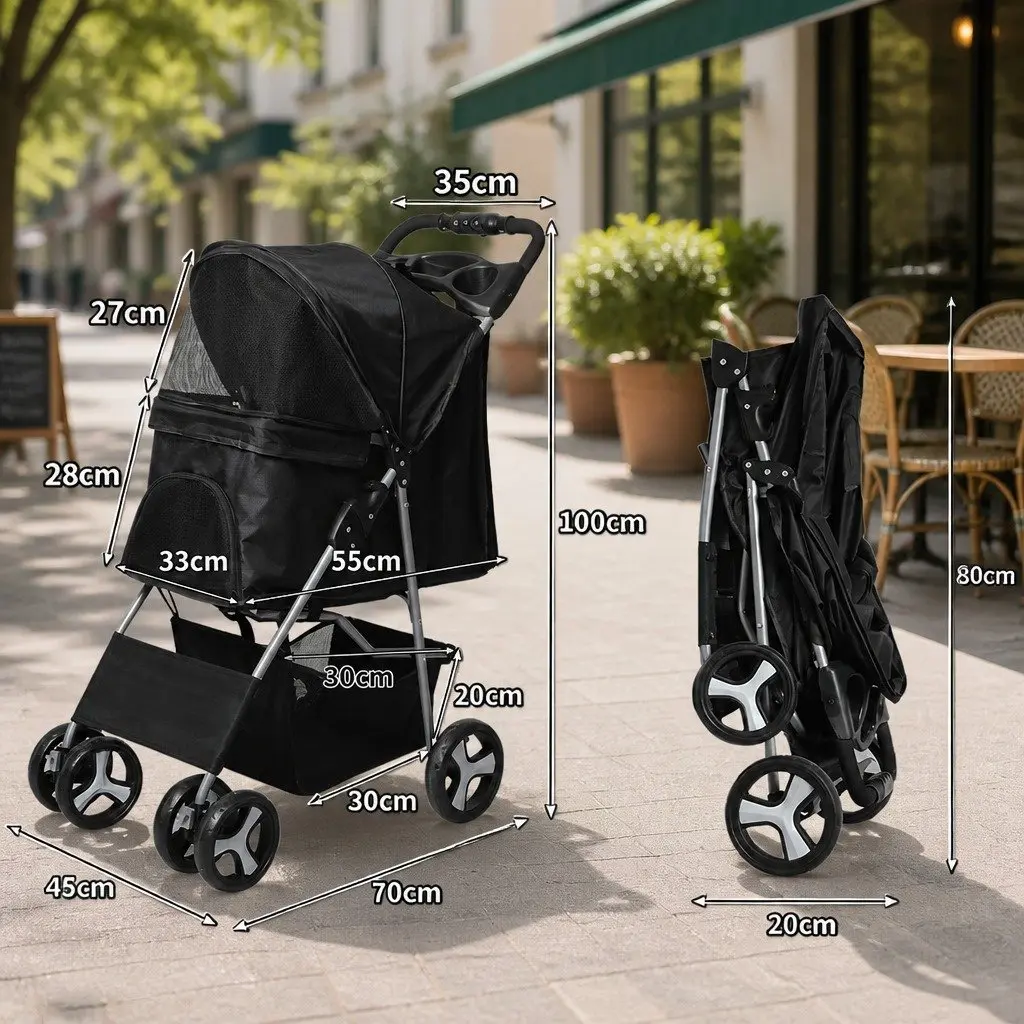 Pet Stroller 4 Wheels Foldable Portable Travel Carrier Black