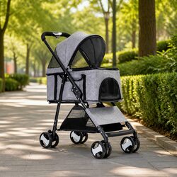 Comfortable Grey Pet Stroller for Cats and Dogs
