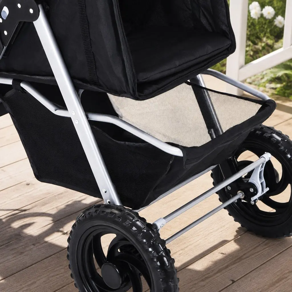 Pet Stroller Dog Cat Carrier Pram Elevated Design Foldable Wheels Basket