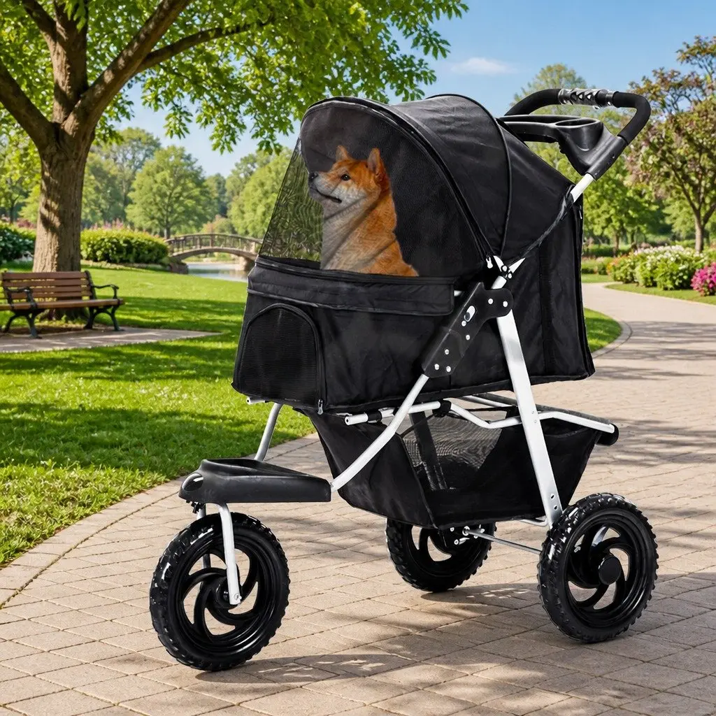 Pet Stroller Dog Cat Carrier Pram Elevated Design Foldable Wheels Basket