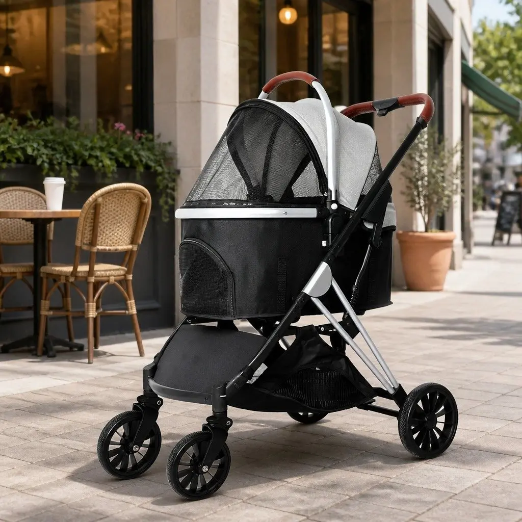 Pet Stroller 4 Wheels Foldable Breathable Mesh Window 3-in-1 Carrier for Dogs Cats