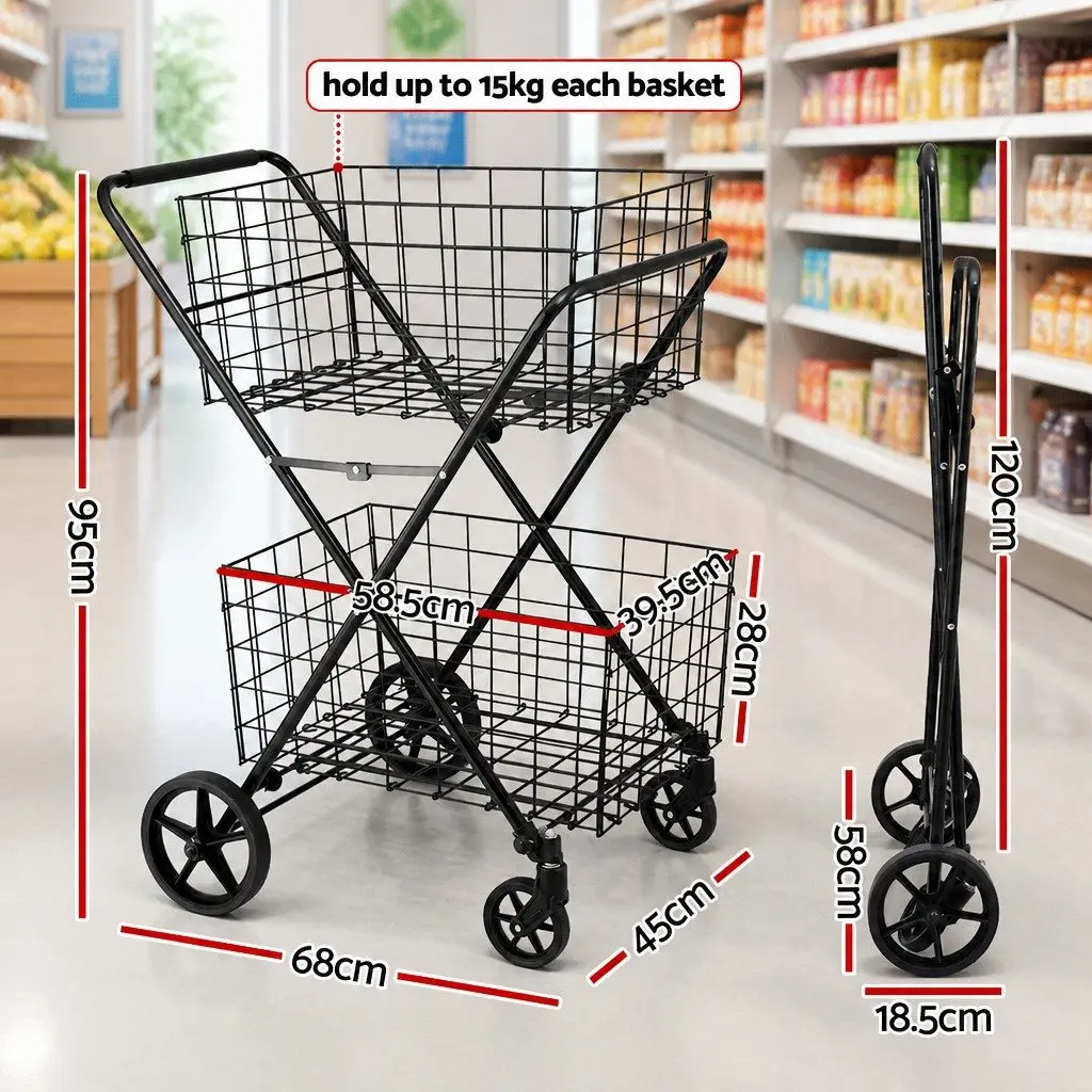 Foldable Shopping Trolley Cart Black Collapsible Kitchen Dining Storage Grocery