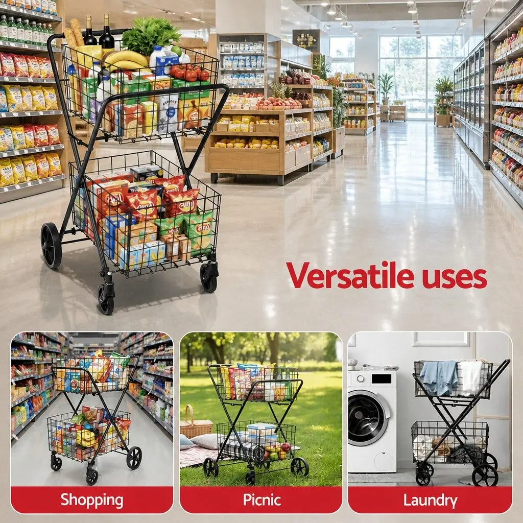 Foldable Shopping Trolley Cart Black Collapsible Kitchen Dining Storage Grocery