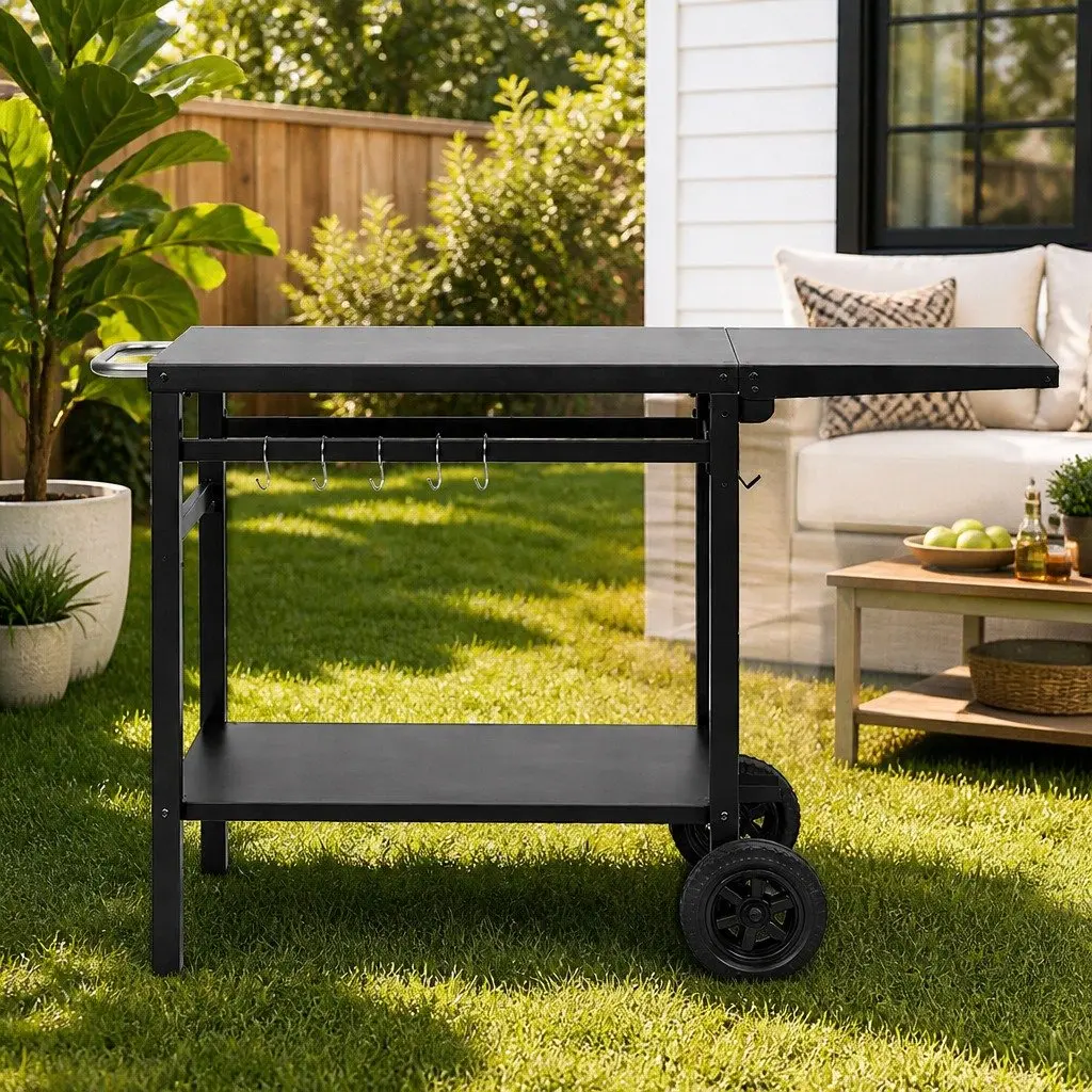 Outdoor Kitchen Cart Foldable Mobile BBQ Grill Prep Table with Storage and Hooks