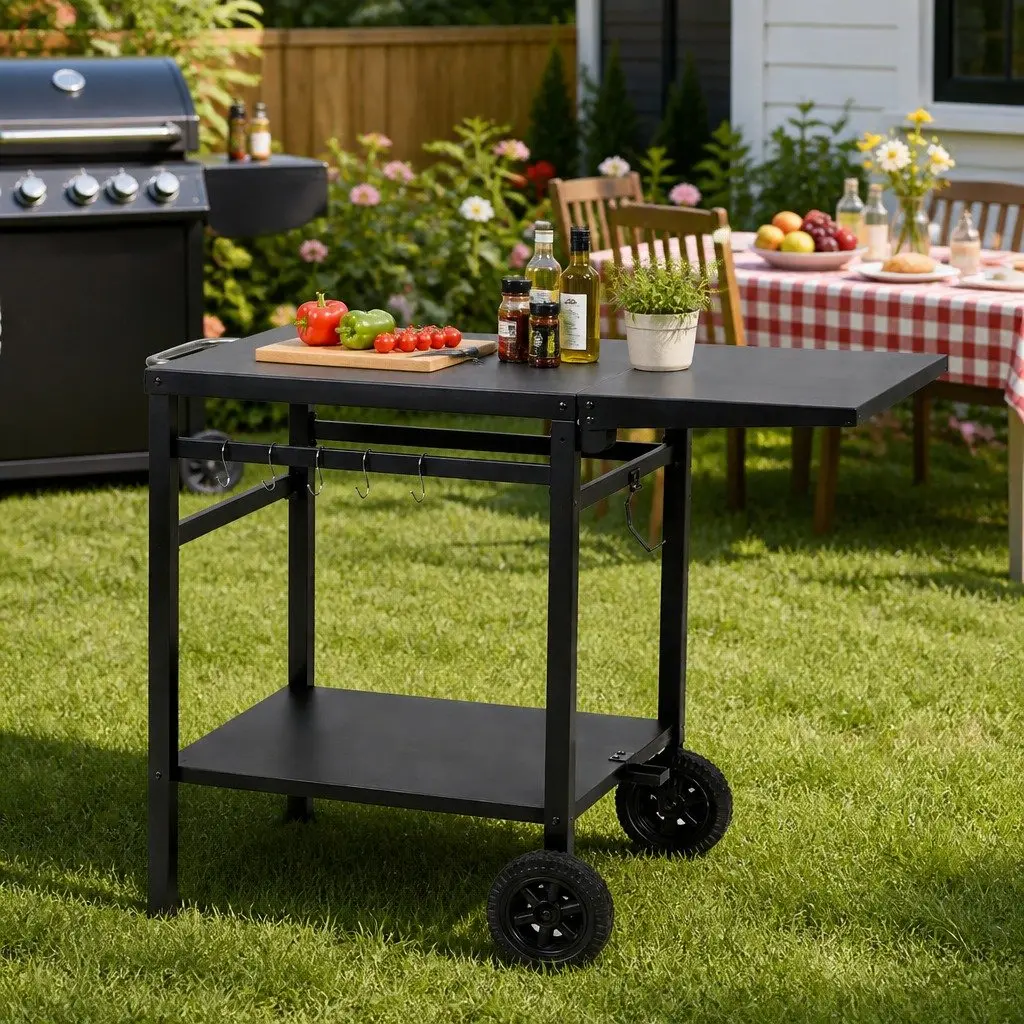 Outdoor Kitchen Cart Foldable Mobile BBQ Grill Prep Table with Storage and Hooks