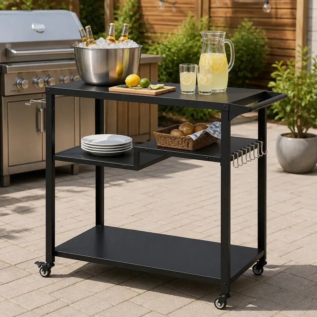 Outdoor Kitchen Cart 3 Tier Metal Frame BBQ Grill Serving Trolley with Swivel Wheels and Storage Shelves