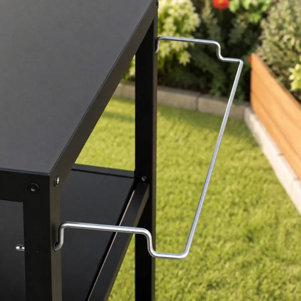 Outdoor Kitchen Cart 3 Tier Metal Frame BBQ Grill Serving Trolley with Swivel Wheels and Storage Shelves