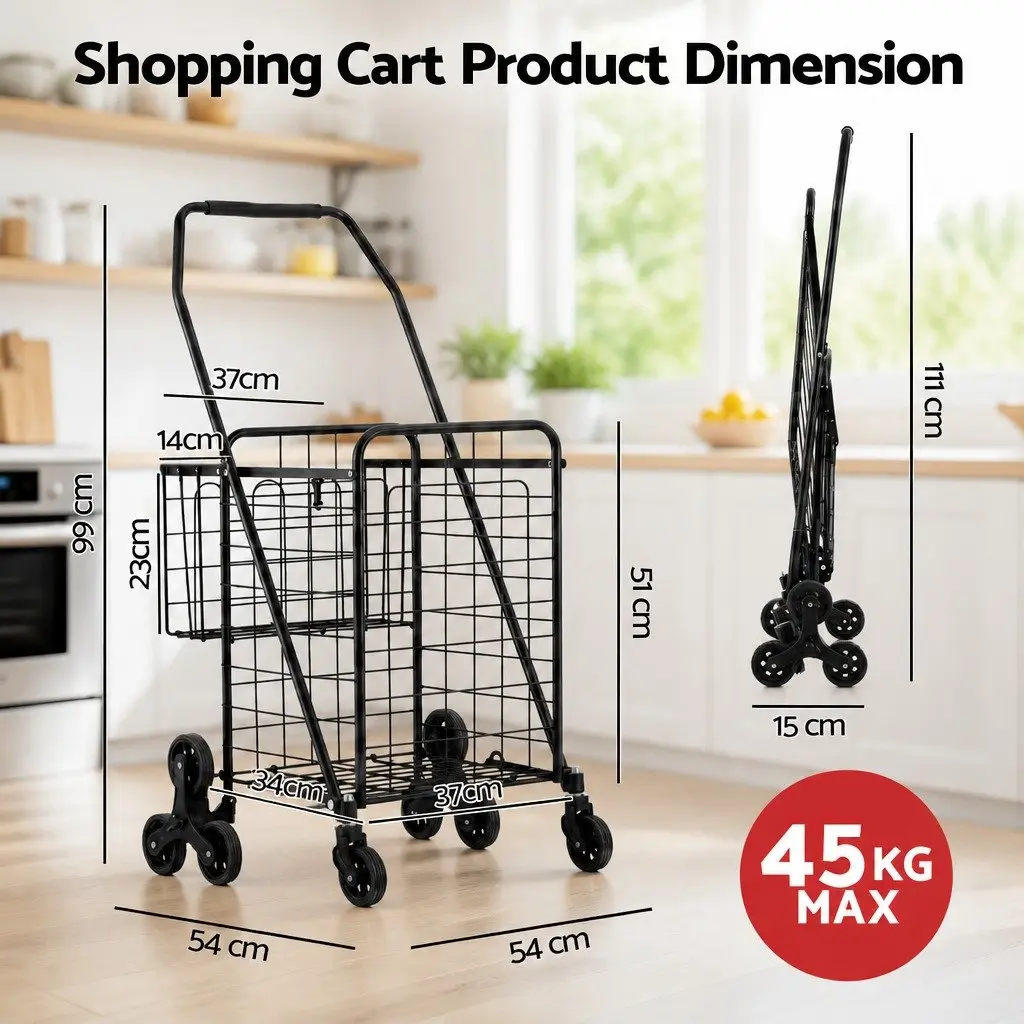 Folding Shopping Trolley Cart Lightweight Compact Stair Climbing Utility Black