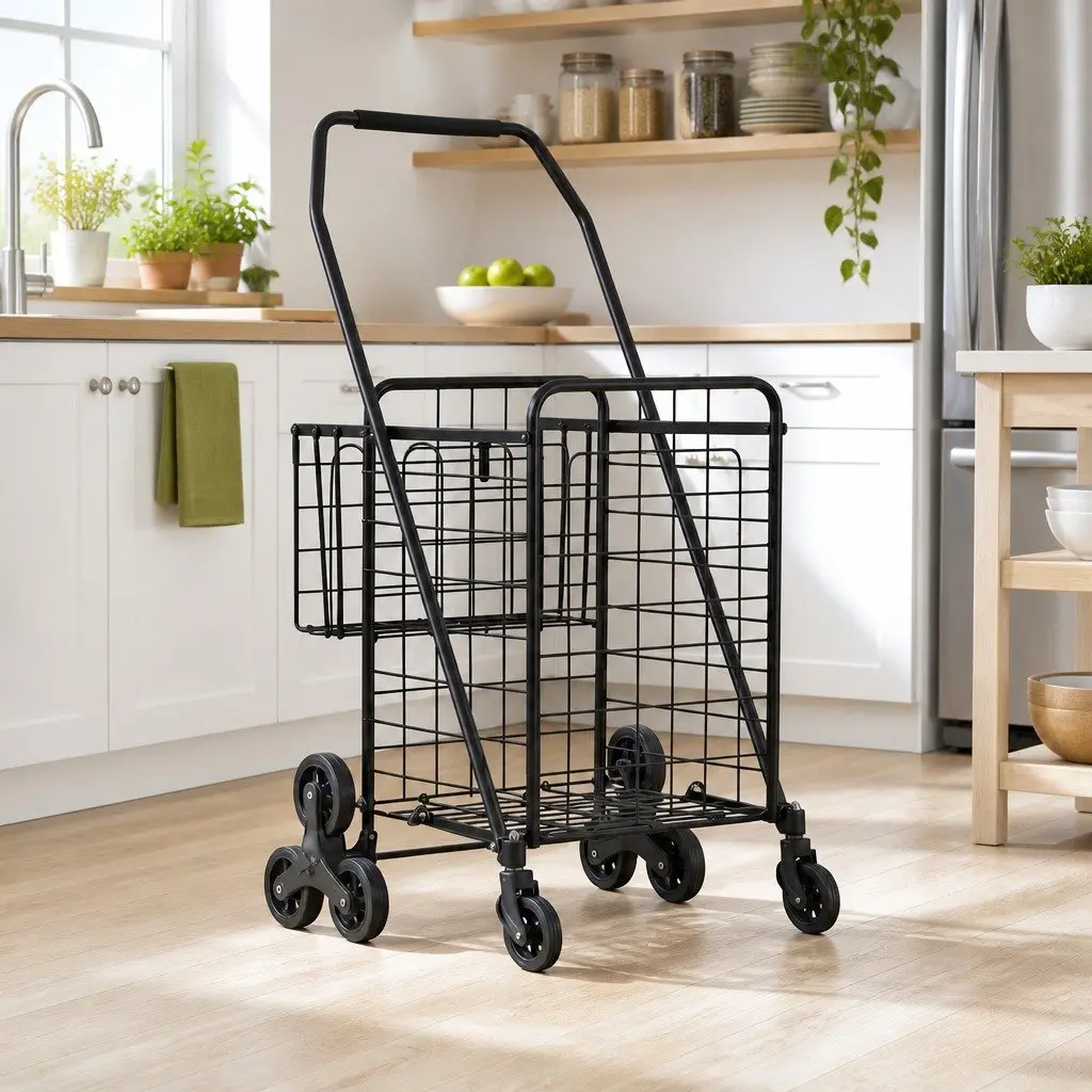 Folding Shopping Trolley Cart Lightweight Compact Stair Climbing Utility Black