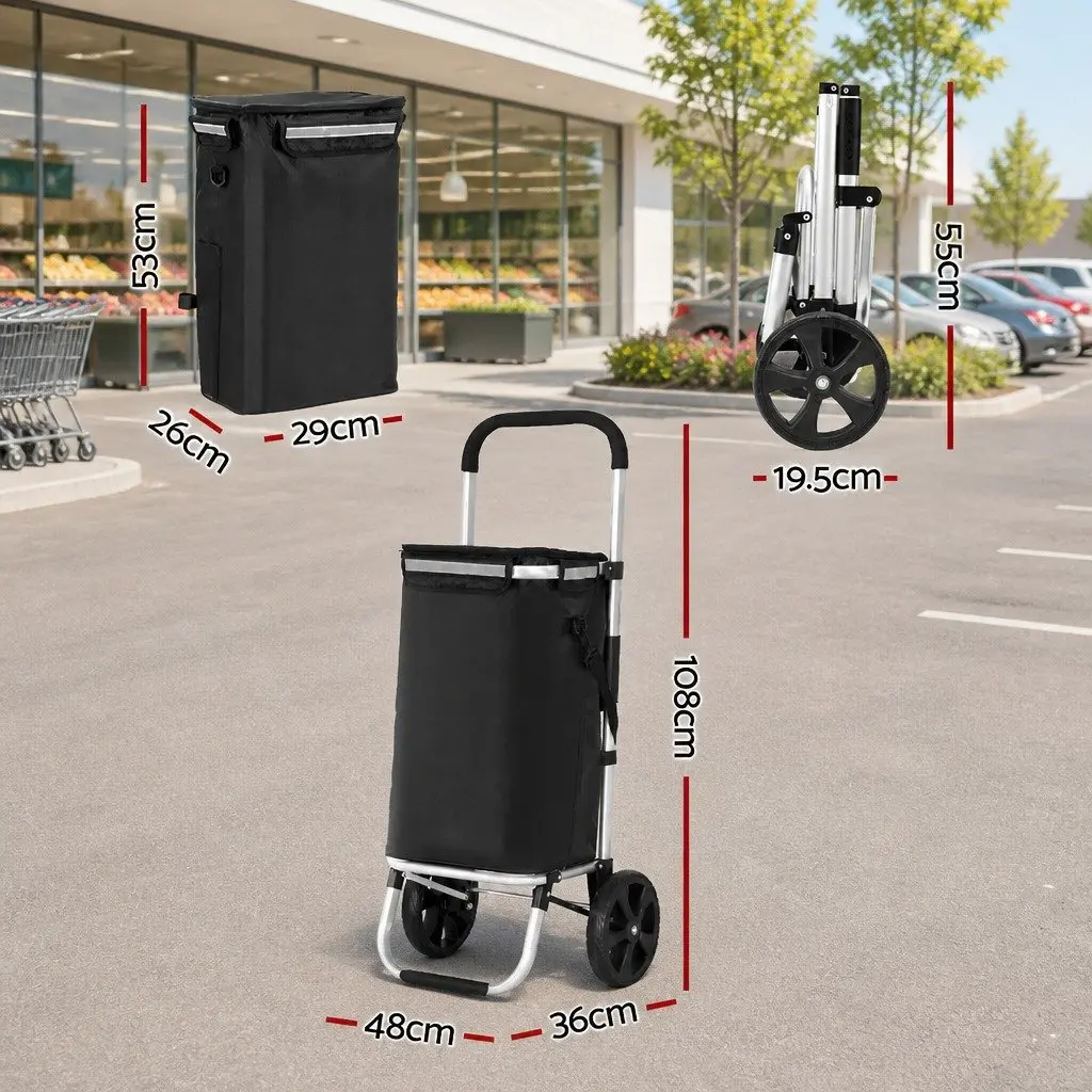 Foldable Shopping Trolley Cart Black Aluminium Frame 45kg Capacity Oxford Cloth