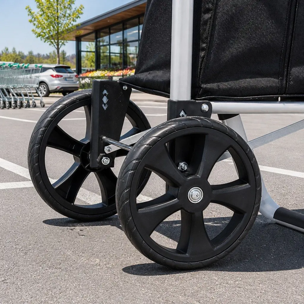 Foldable Shopping Trolley Cart Black Aluminium Frame 45kg Capacity Oxford Cloth