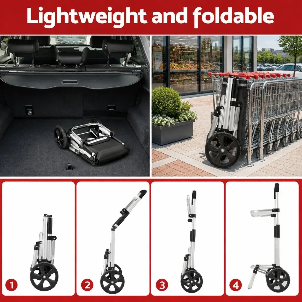 Foldable Shopping Trolley Cart Black Aluminium Frame 45kg Capacity Oxford Cloth