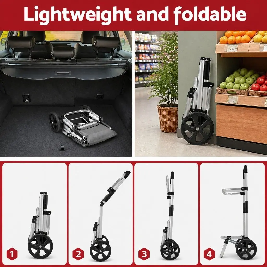Foldable Shopping Trolley Cart Lightweight Aluminium Frame Oxford Cloth Grey 45kg Capacity
