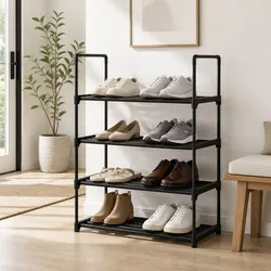 Shoe Rack Cabinet 4-Tier Stackable Storage Organizer 12 Pairs Black Metal Frame