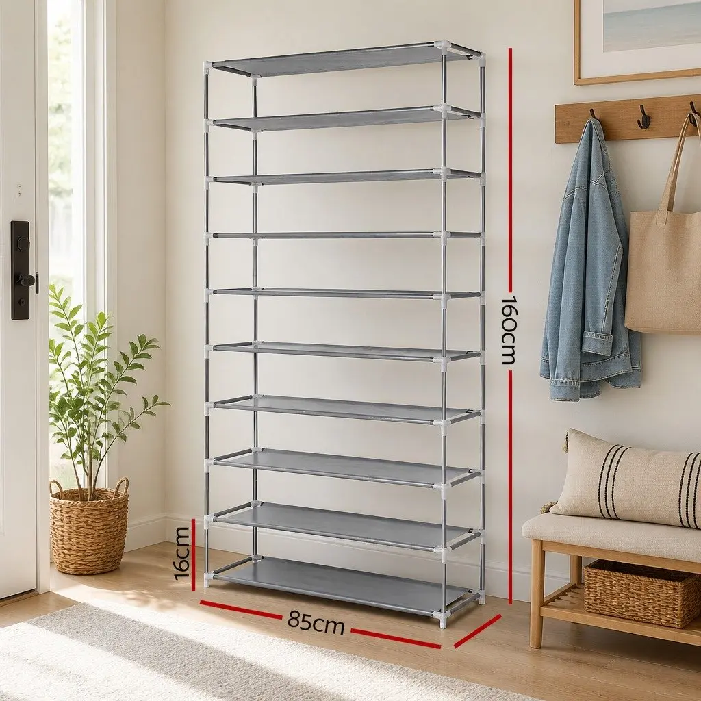 10-Tier Shoe Rack Silver Metal Frame Stackable Storage Organizer