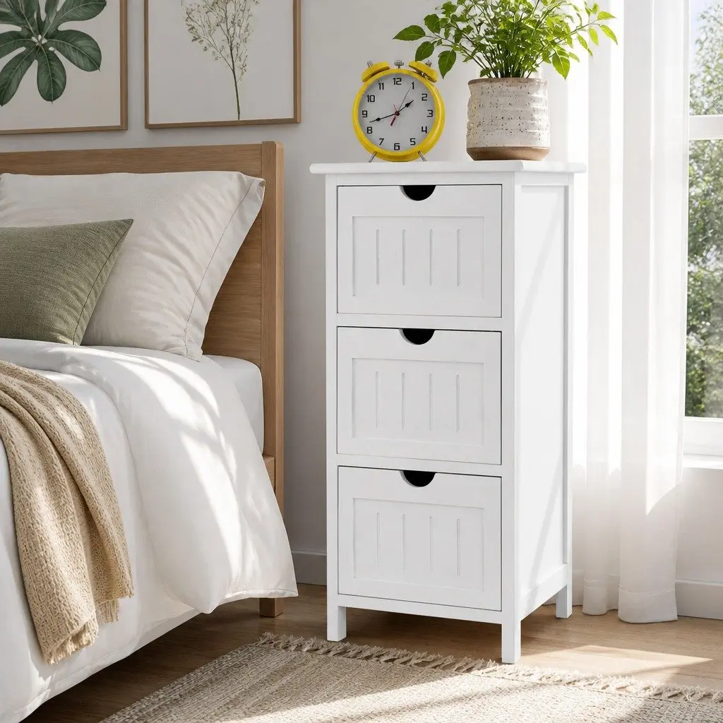 Bedside Table 3 Drawer White Storage Cabinet Bedroom Nightstand Organizer