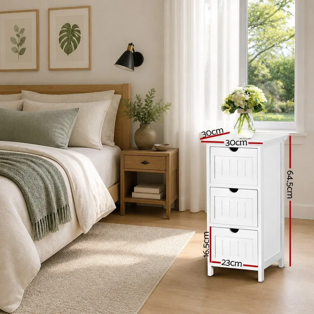 Bedside Table 3 Drawer White Storage Cabinet Bedroom Nightstand Organizer
