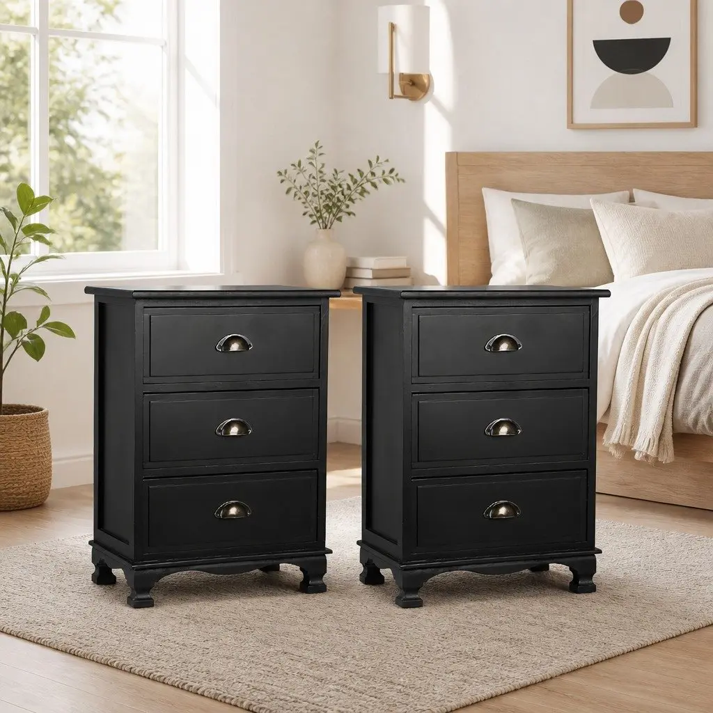 Bedside Table 3 Drawers Black Vintage Storage Cabinet Nightstand with Metal Handles