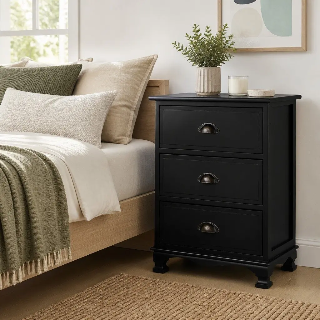 Bedside Table 3 Drawers Black Vintage Storage Cabinet Nightstand with Metal Handles