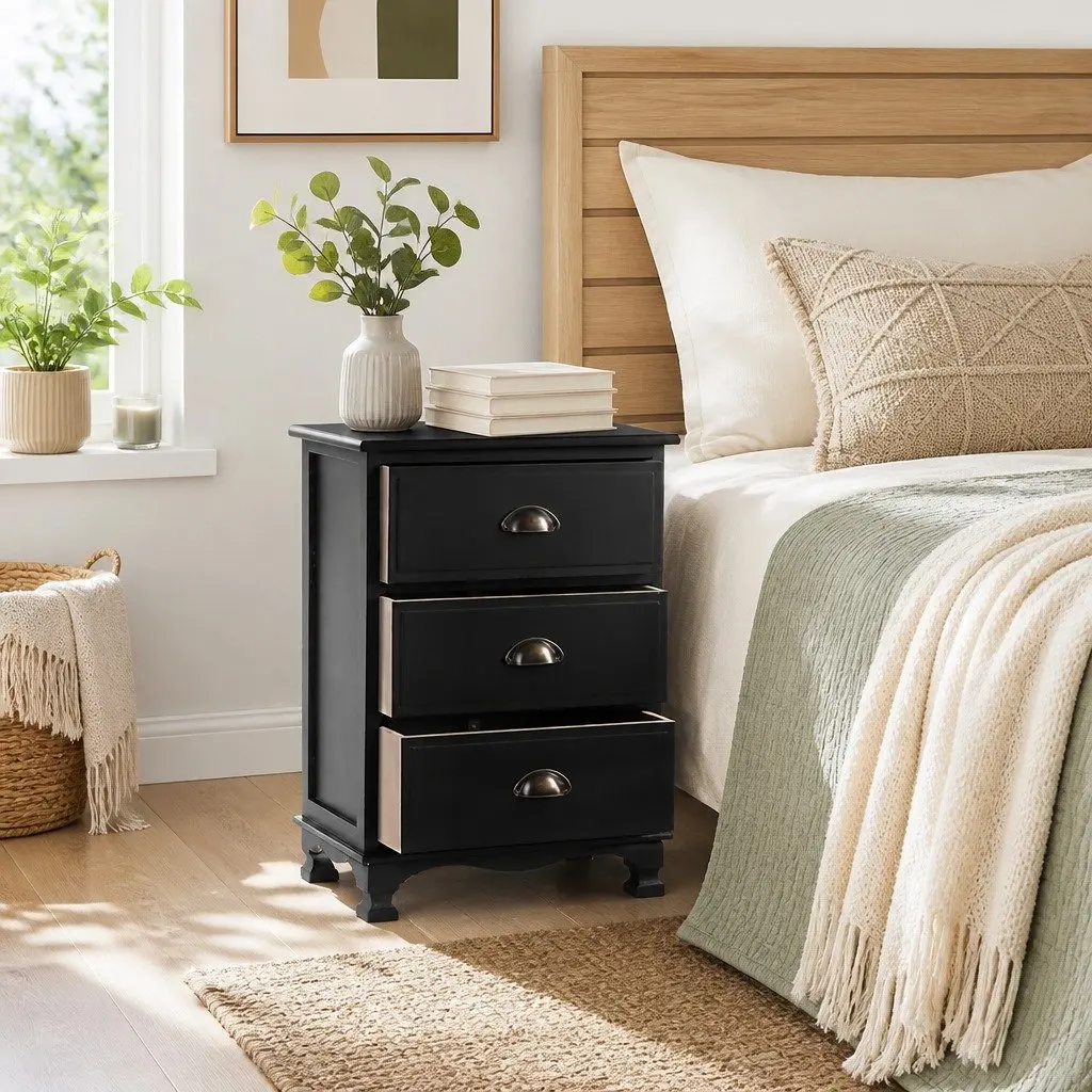 Bedside Table 3 Drawers Black Vintage Storage Cabinet Nightstand with Metal Handles