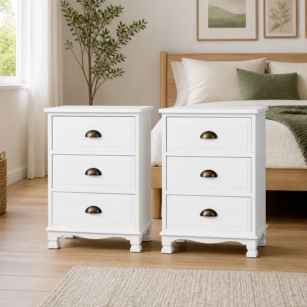 Bedside Table 3 Drawers White Vintage Storage Cabinet Nightstand with Metal Handles