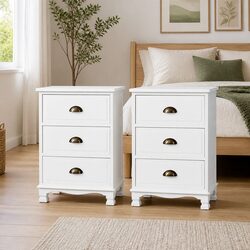 Chic White Nightstand with Three Drawers and Vintage Touch