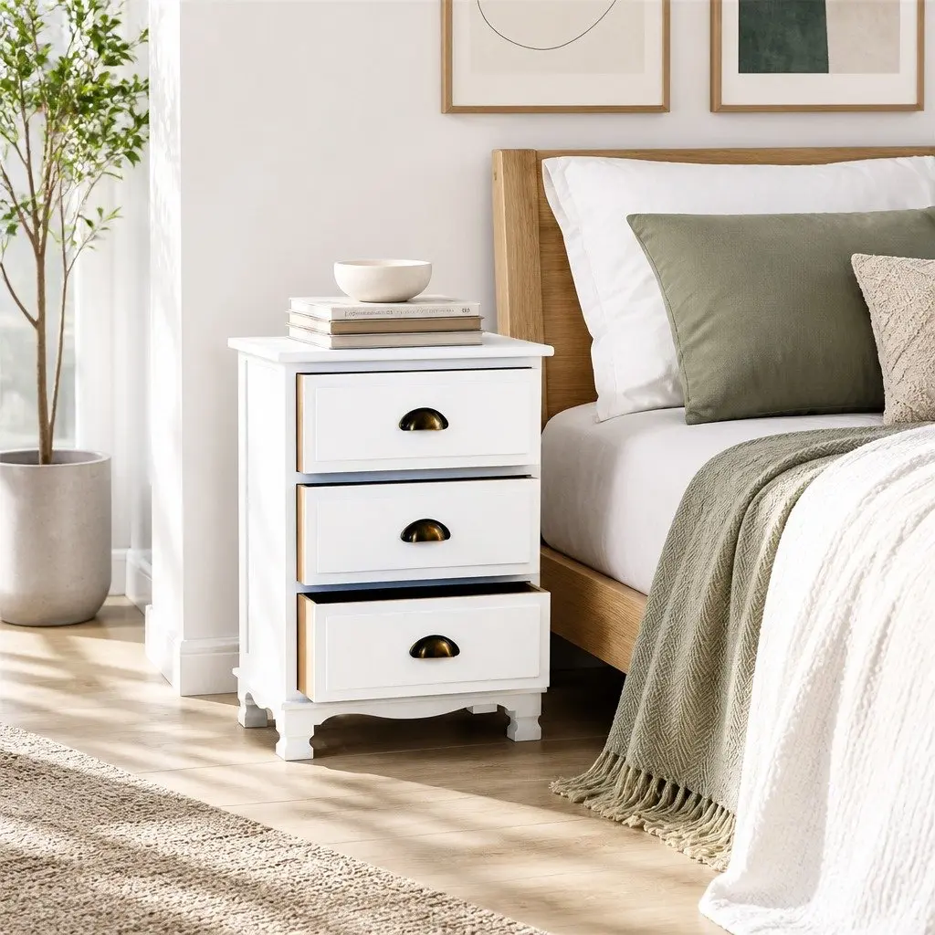 Bedside Table 3 Drawers White Vintage Storage Cabinet Nightstand with Metal Handles