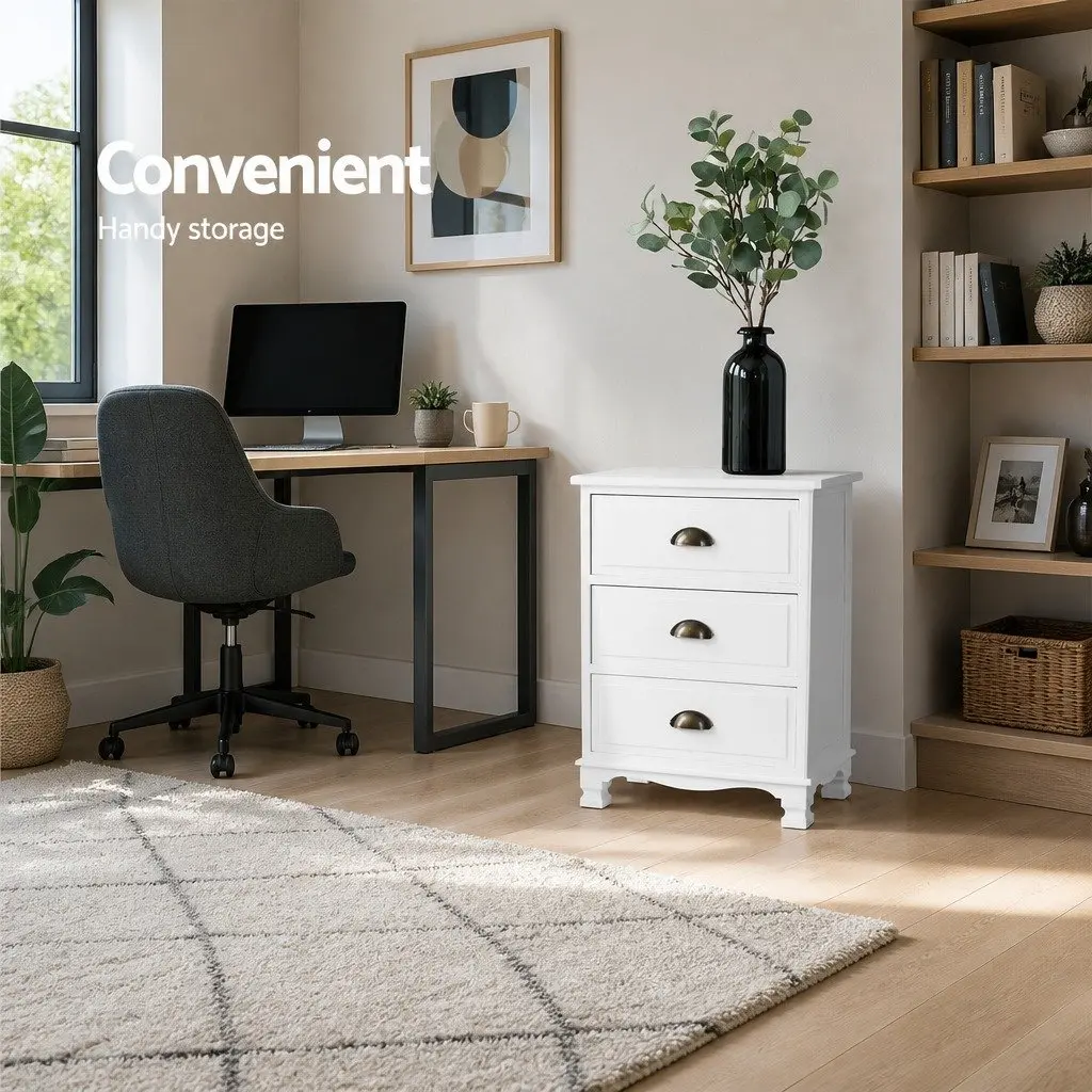 White Bedside Table 3 Drawers Vintage Wooden Nightstand with Metal Handles and Anti-Scratch Feet Pads