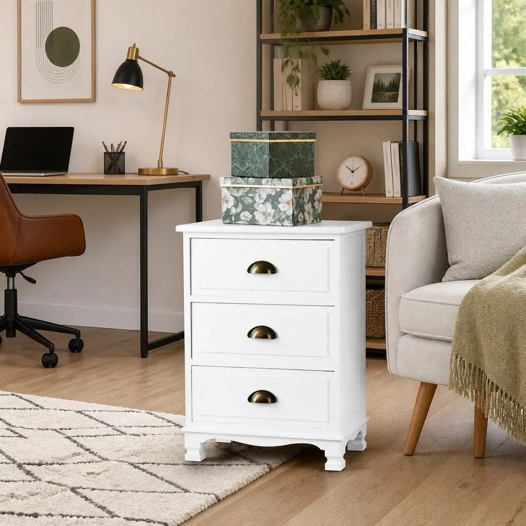 White Bedside Table 3 Drawers Vintage Wooden Nightstand with Metal Handles and Anti-Scratch Feet Pads