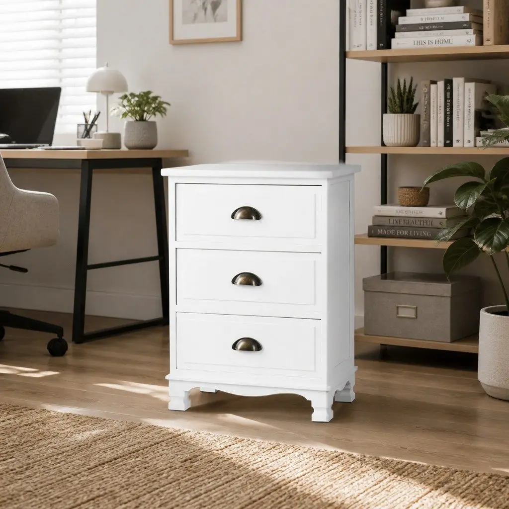 White Bedside Table 3 Drawers Vintage Wooden Nightstand with Metal Handles and Anti-Scratch Feet Pads