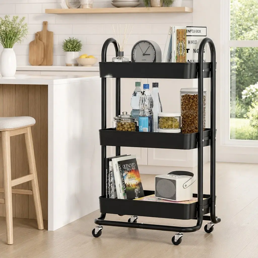 Storage Trolley 3 Tier Black Kitchen Cart Rack Shelf Organiser with Wheels