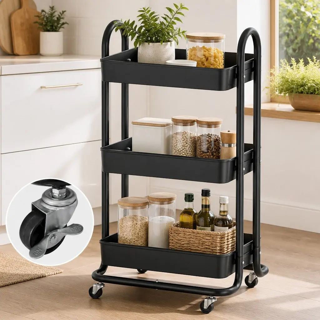 Storage Trolley 3 Tier Black Kitchen Cart Rack Shelf Organiser with Wheels
