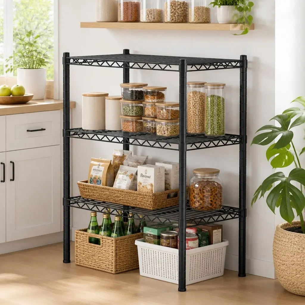 3-Tier Shelving Unit Adjustable Storage Rack Steel Frame V-Shaped Mesh Surface Black