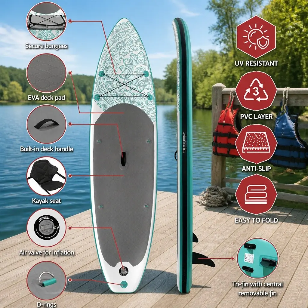 Inflatable Stand Up Paddle Board 10.6ft Green Drop-Stitch Core Non-Slip Foot Pad Kayak Seat Included