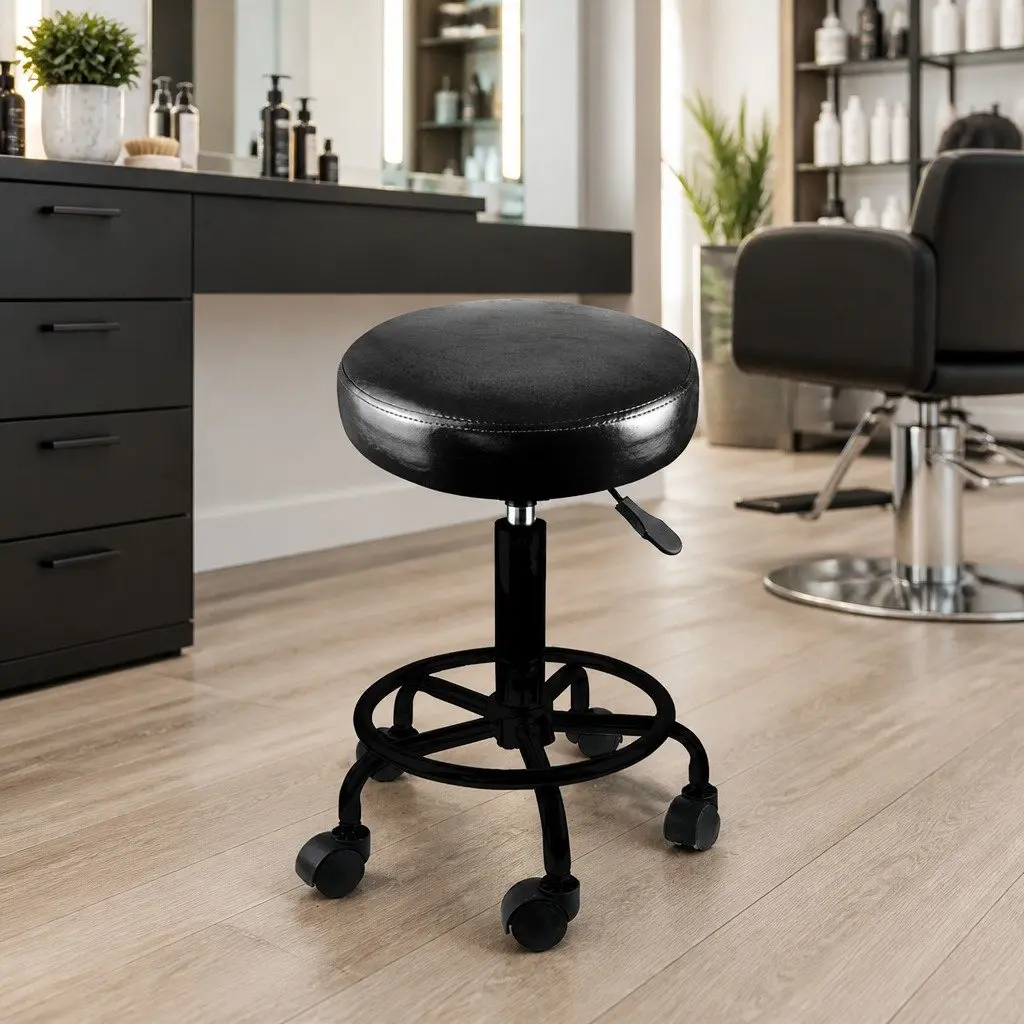 Salon Stool Black PU Leather Seat Height Adjustable Swivel Chair