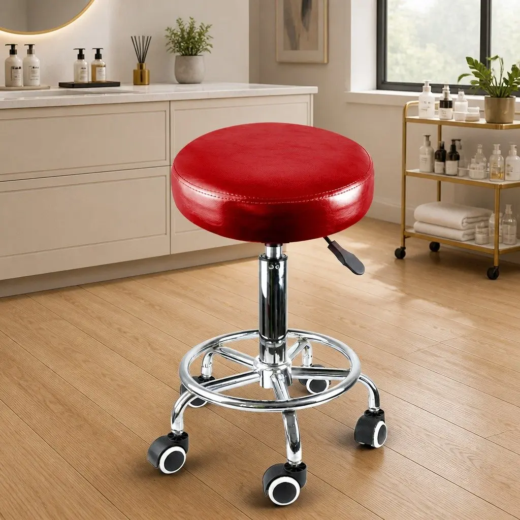 Salon Stool Red Adjustable Swivel Chair Professional PU Leather 360-Degree Rotation Smooth-Rolling Casters Circular Footrest Support