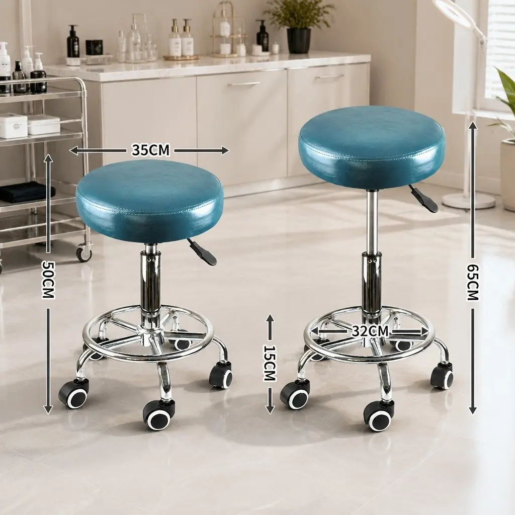 Salon Stool Teal PU Leather Seat 360 Degree Swivel with Smooth Rolling Casters and Circular Footrest