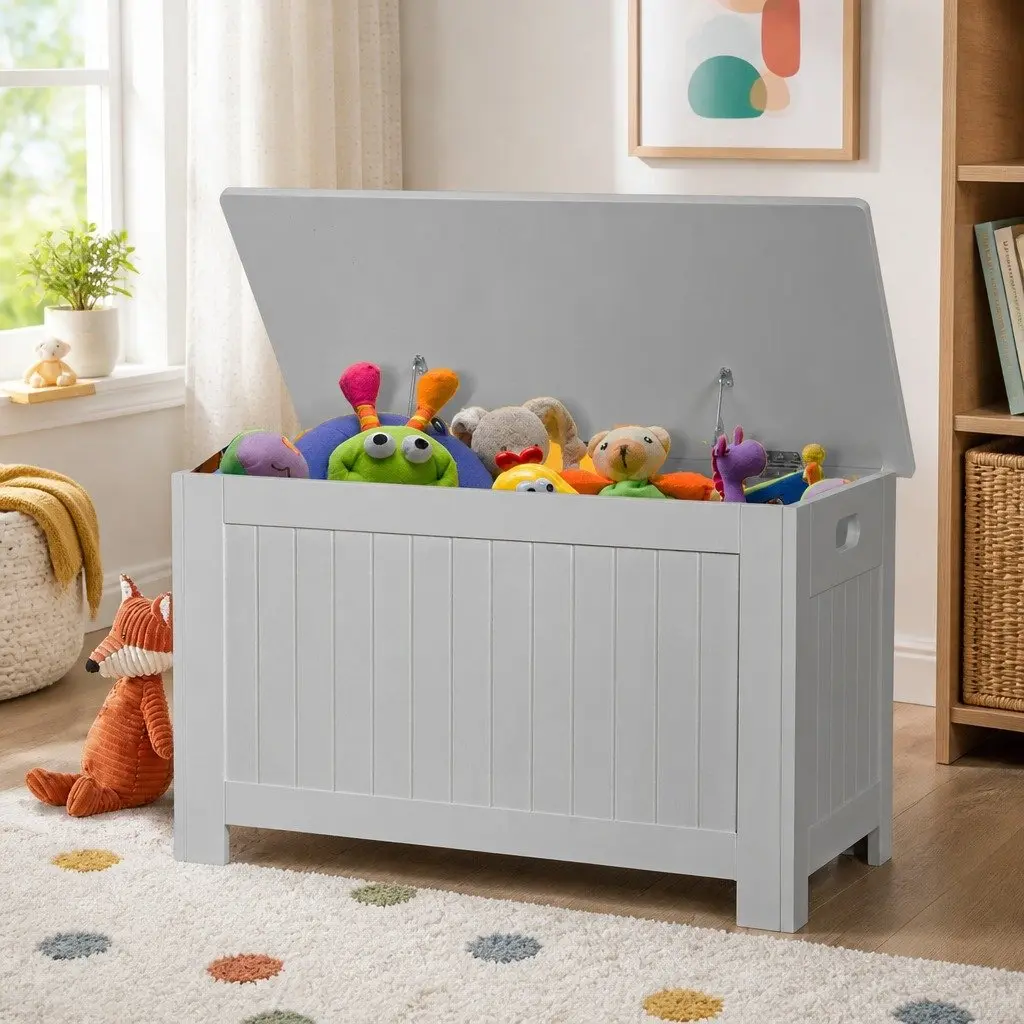 Kids Toy Box Storage Chest Wooden Organiser Bench Seat Grey Soft-Close Lid